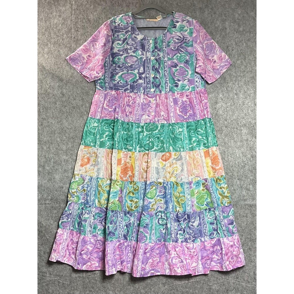 La Cera Dress Womens Large Multicolor Floral Tiered Boho Maxi Cotton House Dress
